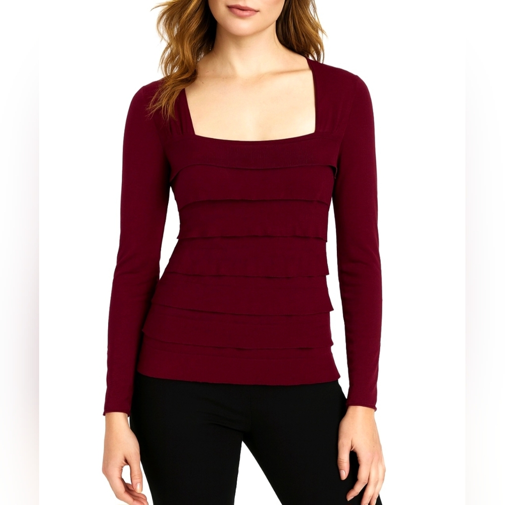 Studio M Shirt Maroon Wine Layered Long Sleeve Square Neck Pullover Size…